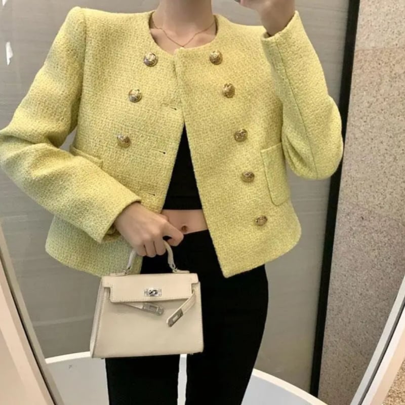 【関税込み】イエロー 装飾ツイードジャケット イエローツイードノーカラージャケット/S.M.L/2023SS | trendgossip