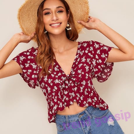 【即納】レトロ小花柄レッドフリルクロップドシャツ/S.M.L/SS