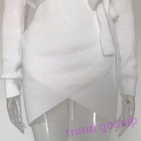 オフショルカシュクールホワイトニットワンピース/S.M.L/2019AW