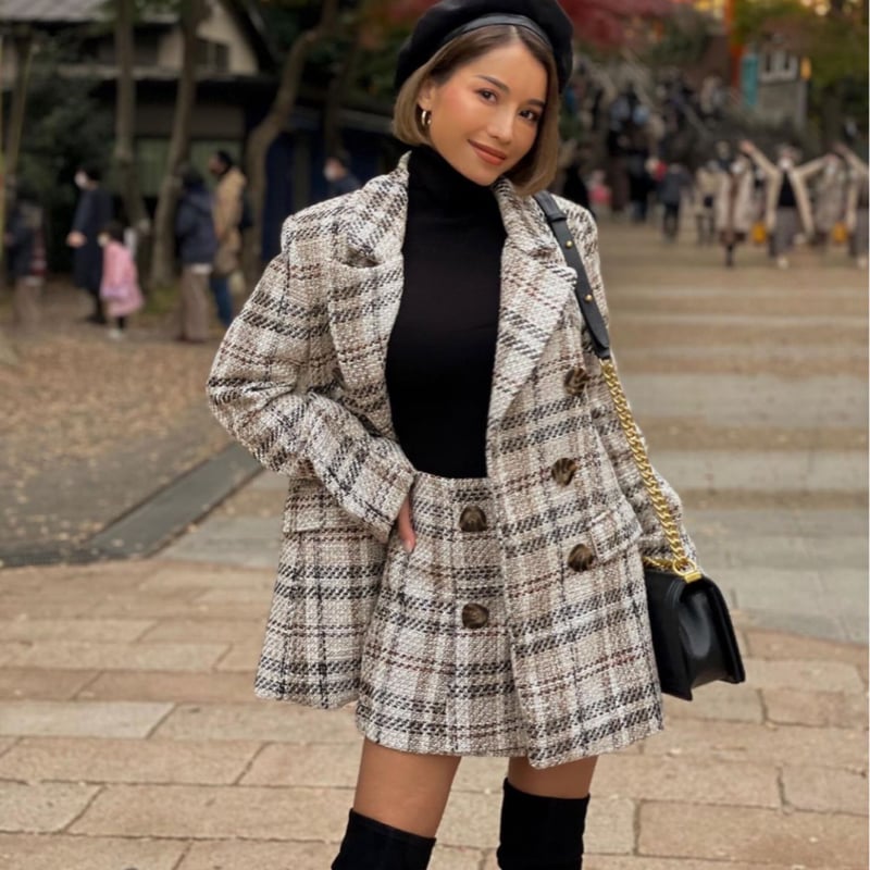 sheller グリッターチェックツイードジャケット キュロット セットアップ sheller グリッターチェックツイードジャケット キュロット