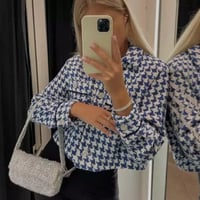 フラワーラインストーンボタンブルーチェックツイードジャケット/XS〜L/2022SS
