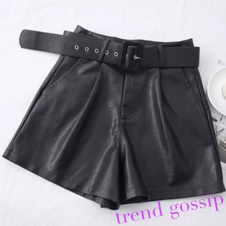 【Black L即納】ハイウエストベルト付きレザーショートパンツ/2色展開/S～XL/2021SS