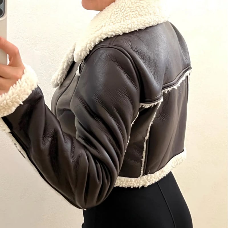 ジャケット ジップアップ スエード風 ライダース 中ボア 韓国 ボアファークロップドライダースジャケット/2色展開/XS〜L