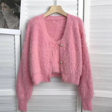 【Pink即納】モヘアファーカーディガン＆キャミアンサンブル/4色展開/ワンサイズ/2023AW