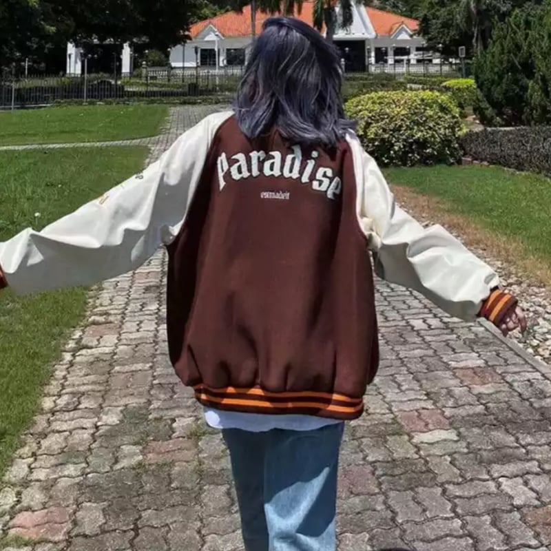 ホワイトレザースリーブオーバーサイズブラウンスタジャン/M.L.XL 