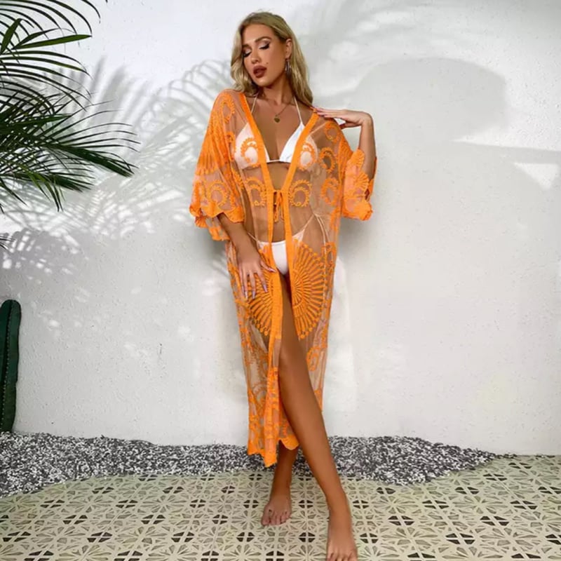 オレンジエスニックシースルービーチカバー/水着/リゾート/ワン