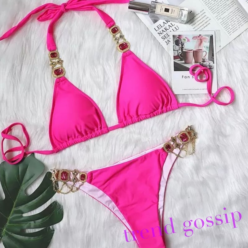 Black 即納】ゴージャスストーン&チェーンセクシービキニ/水着/7色展開