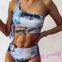 【M即納】大理石柄ワンショルダーワンサイドリボンビキニ/水着/S〜XL/2021SS