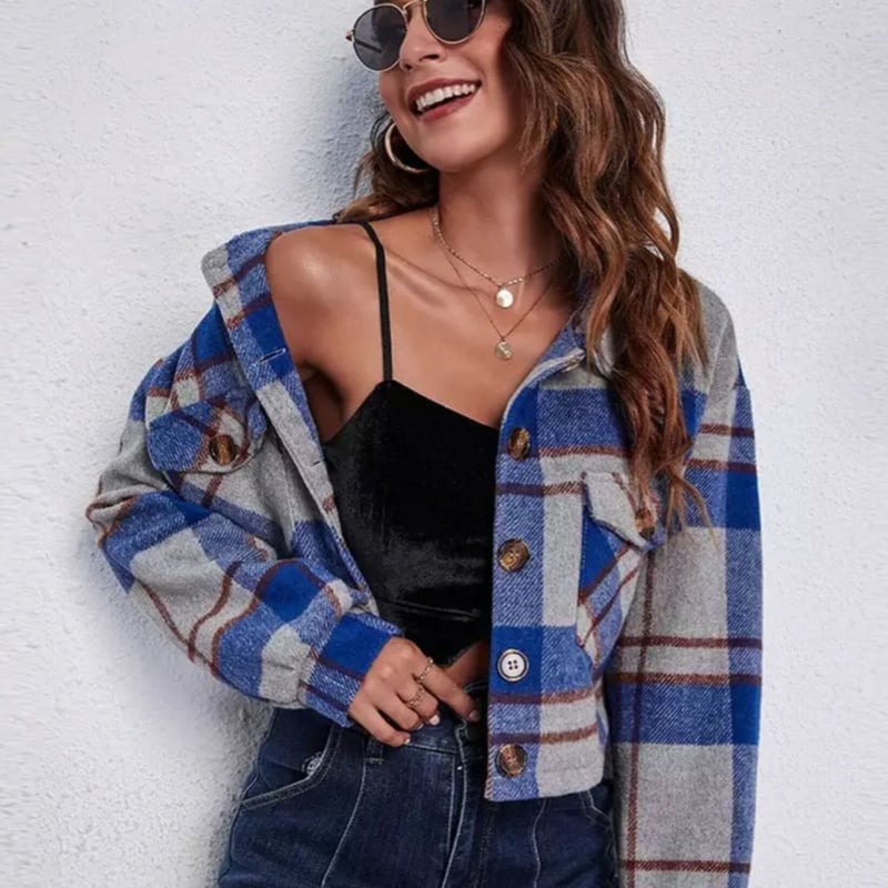 チェック柄デニムクロップドジャケット チェック柄デニムクロップドジャケット