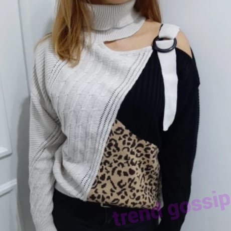 【即納】ハイネックワンショルストラップトリコロールレオパードニット/豹柄/S～XXL/2019AW
