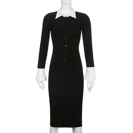 ホワイトカフスギャザーシャツタイトワンピース/S.M.L/2022AW