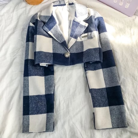 ブルーチェックウールブレンドジャケット&スカートセットアップ/S～XL/2020AW