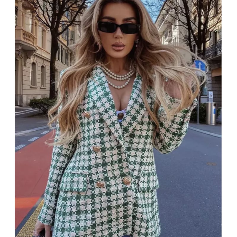 ツイードセットアップ グリーン×ホワイトツイードジャケット/セットアップ/XS〜L/2022SS