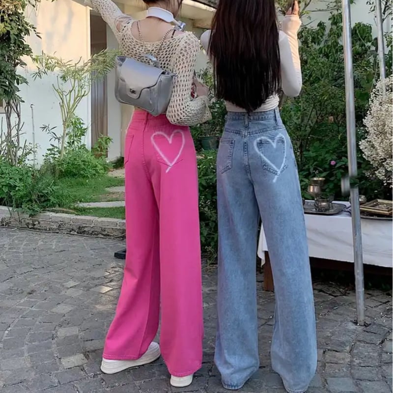 バックワンポイントハートペイントデニムワイドパンツ/2色展開/S〜XL