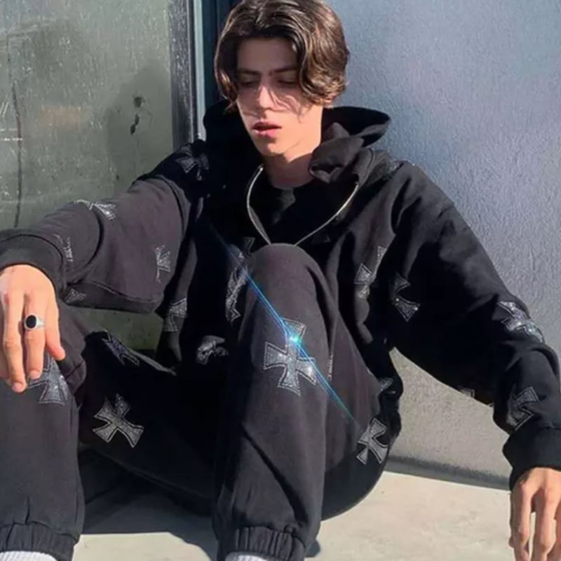 クロスストーン装飾 フルジップパーカー クロスラインストーンジップ