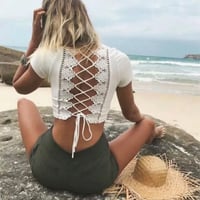 【即納☆送料無料】バッククロシェレースアップクロップドTOPS