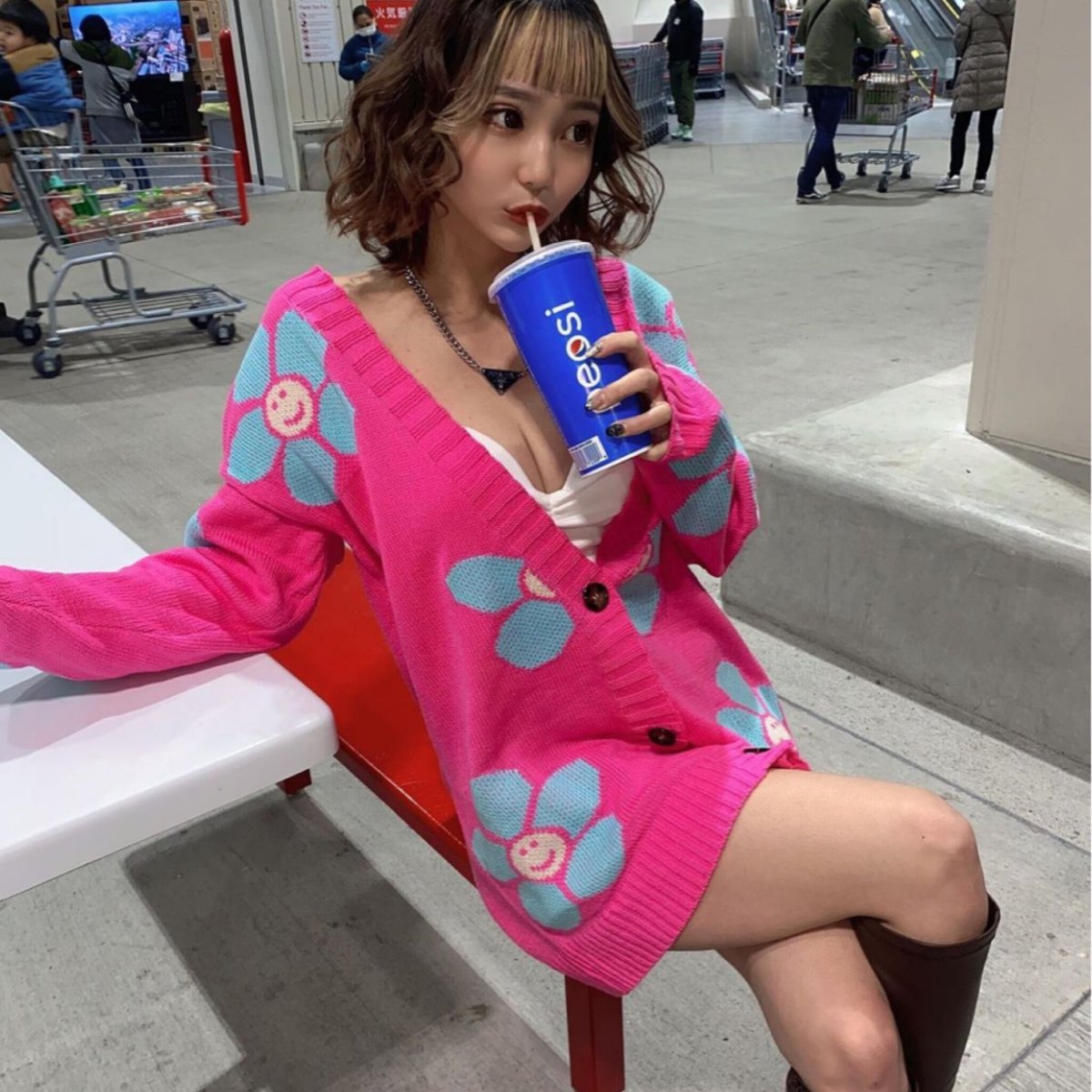 即納】スマイルフラワーロングニットカーディガン/2色展開/ワンサイズ