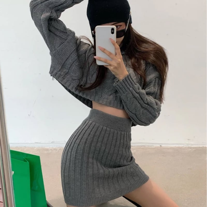 ハイネックドルマンケーブルニット&ミニスカートセットアップ/3色展開