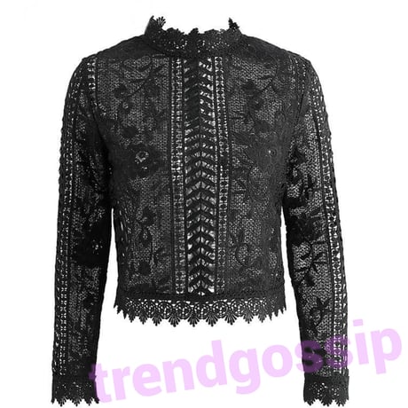 【送料無料】クロシェレースシースルーブラウス/Black、White/S～XL