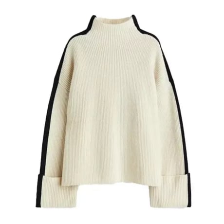 ハイネックブラックライン折り返しスリーブニット/セーター/S.M.L/2023AW