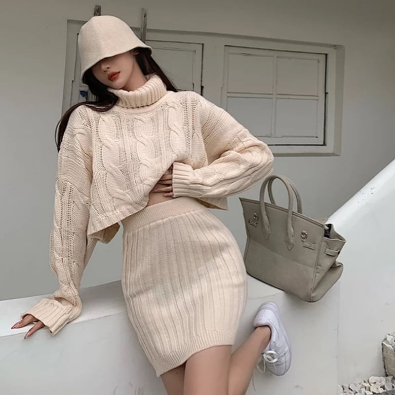 ハイネックドルマンケーブルニット&ミニスカートセットアップ/3色展開