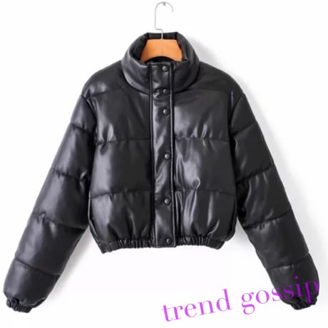 ブラックフェイクレザー中綿ダウンジャケット/アウター/XS～L/2020AW