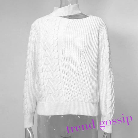 ワンサイドケーブル編みワンショルチョーカーニット/3色展開/S～XL/2020SS