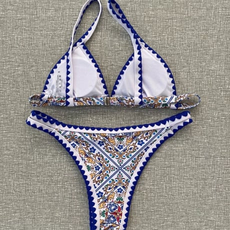 【XS、S即納】ブルーステッチトルコ柄ブラジリアン三角ビキニ/水着/ XS〜L/2021SS