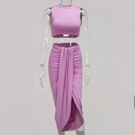ハイネックトップス&フロントドレープスリットスカートセットアップ/6色展開/S〜XL/2021ss