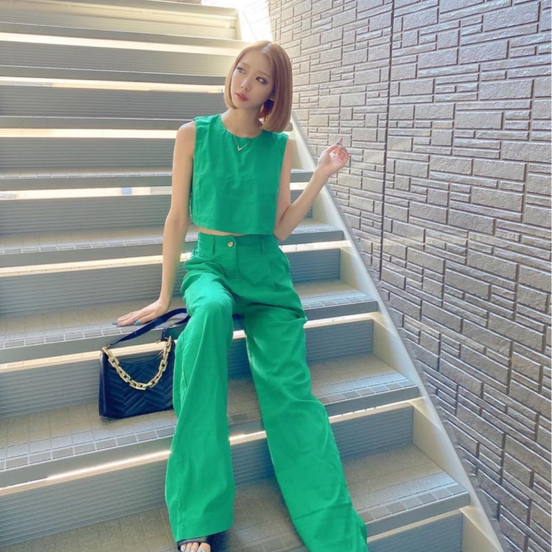 ボウタイ ノースリーブ ワイドパンツ セットアップ 韓国 2色 ビビットカラーノースリーブTOPS &ワイドパンツセットアップ/5色