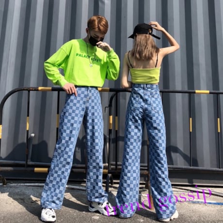 ブロックチェックワイドジーンズ/デニム/S～XL/2020SS