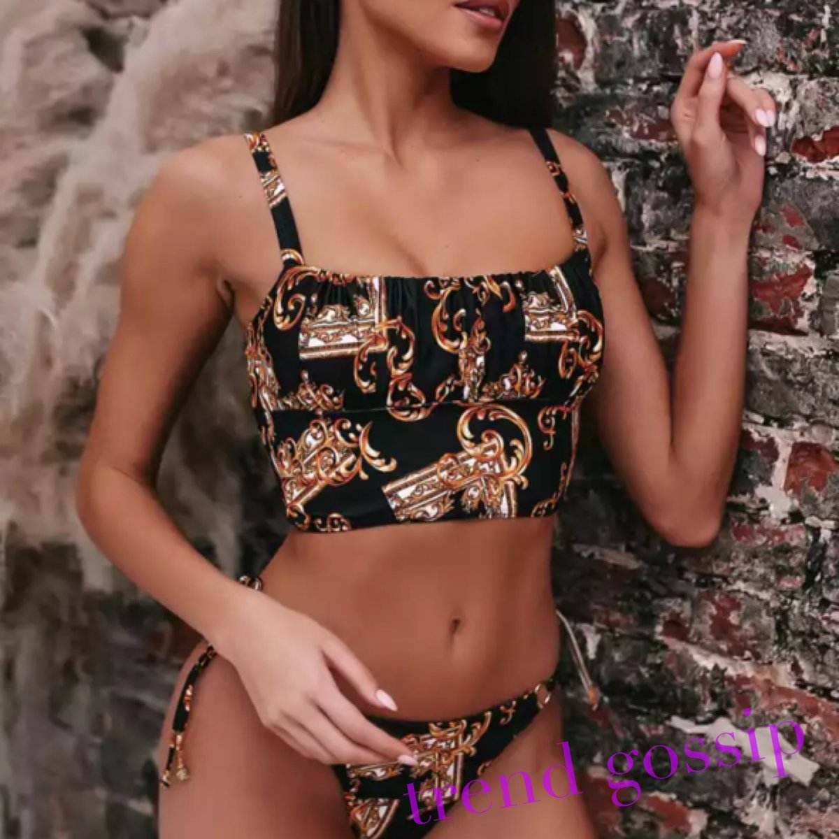 ゴシックスカーフ柄バストギャザーブラックブラジリアンビキニ/水着