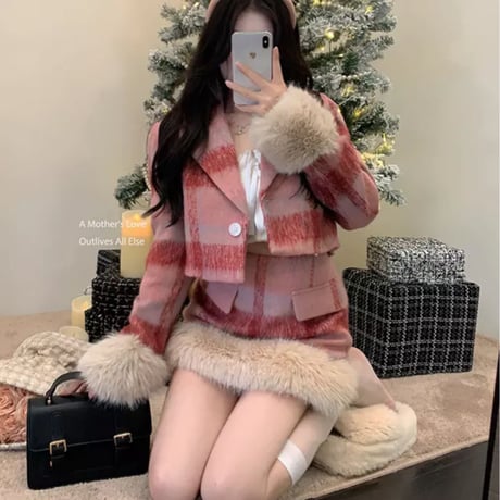 ふわふわファー付き起毛チェック柄ジャケット＆ミニスカートセットアップ/S.M.L/2022AW