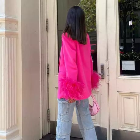 フェザー付きピンクブレザー/セットアップ/XS〜L/2023SS