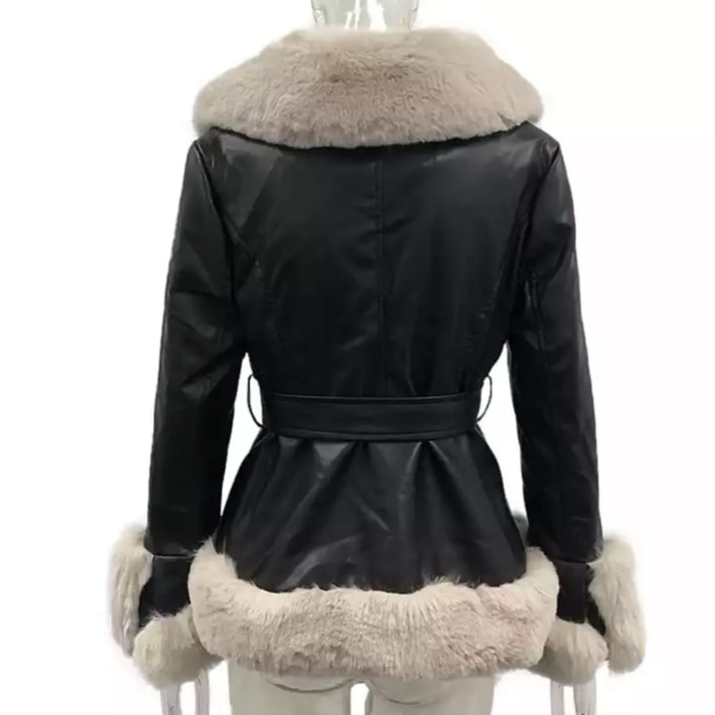 BeigeM即納】ボリュームファー付きフェイクレザーガウンコート/3色