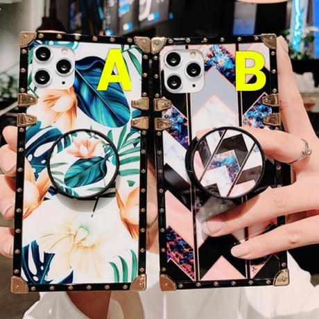 【送料無料】2タイプデザインリングホルダー付きBOX iPhoneケース/ボタニカル、ジオメトリック/iPhone6～iPhone11Promax