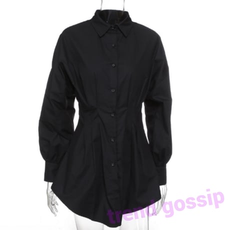 【White即納】ウエストプリーツシャーリングシャツワンピース/2色展開/S～XL