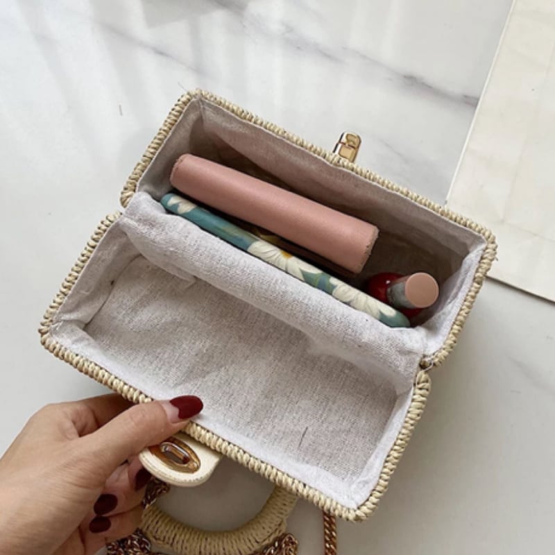 ラタンチェーンストラップ付きボックスカゴバッグ/鞄/3色展開