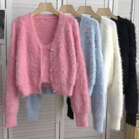 【Pink即納】モヘアファーカーディガン＆キャミアンサンブル/4色展開/ワンサイズ/2023AW
