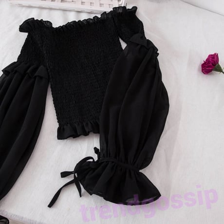 【即納☆送料無料】ハーフチュールスリーブオフショルギャザーTOPS/3色展開/ONESIZE/SS