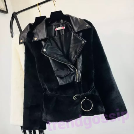 リングベルト付きパッチワークファーフェイクレザーコート/3色展開/アウター