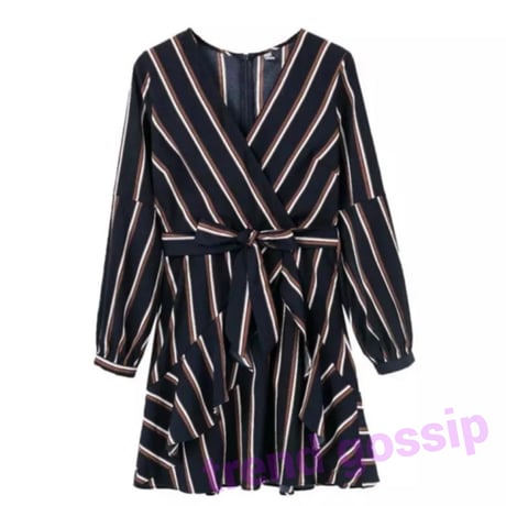 【即納】ランタンスリーブネイビーストライプワンピース/S～XL