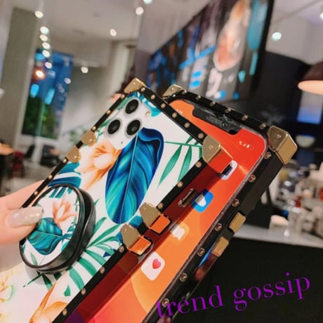 【送料無料】2タイプデザインリングホルダー付きBOX iPhoneケース/ボタニカル、ジオメトリック/iPhone6～iPhone11Promax