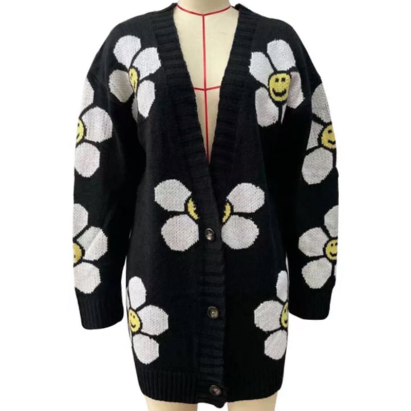 即納】スマイルフラワーロングニットカーディガン/2色展開/ワンサイズ