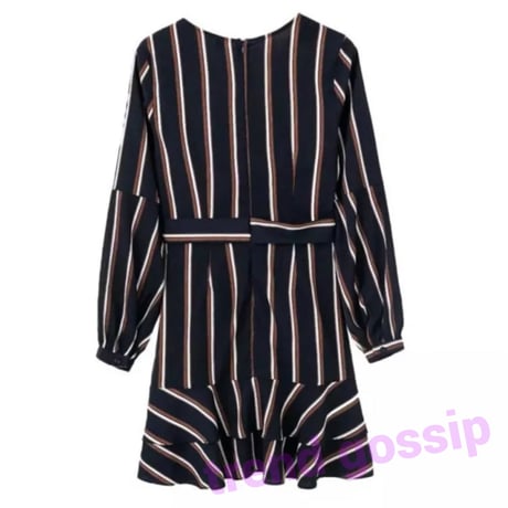 【即納】ランタンスリーブネイビーストライプワンピース/S～XL