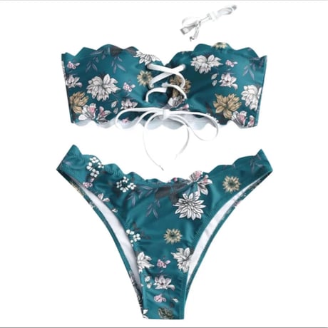 ホワイトレースアップ花柄スカラップバンドゥビキニ/水着/3色展開/S〜XL/2023SS