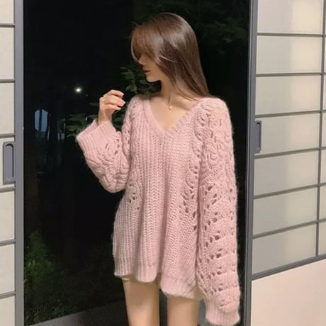 【即納】Vネックざっくり編みスリーブルーズニット/3色展開/2022AW