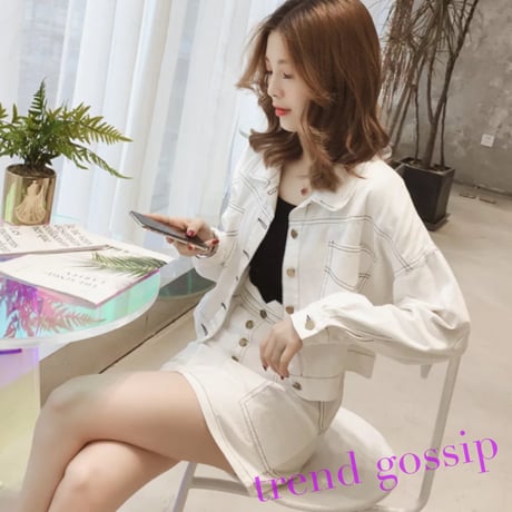 【White M即納】ステッチ入りデニムジャケット＆ハイウエストスカートセットアップ/2色展開/S～XL/2020AW