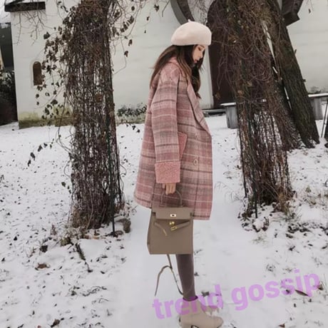 プードルファーピンクチェックウールコート/S.M.L/2019AW