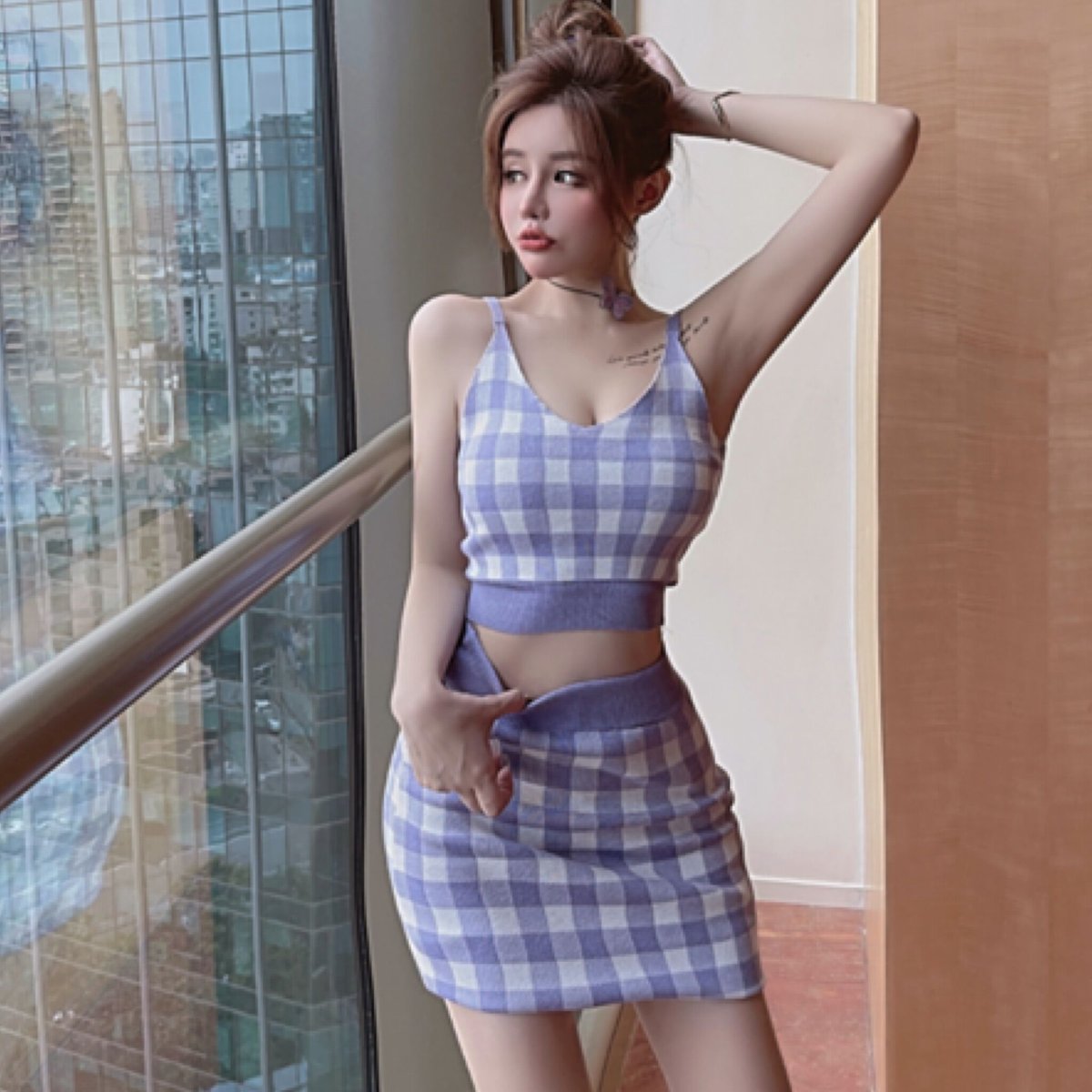 ギンガムチェックサマーニットキャミ&スカートセットアップ/6色展開